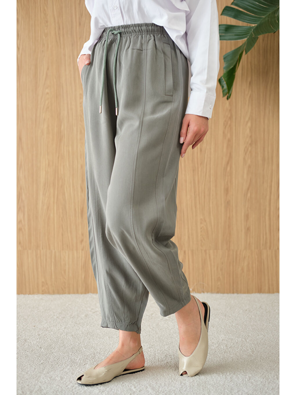 Kadın Şalvar Kesim Beli Ayarlanabilir Pantolon Haki Yeşil-4