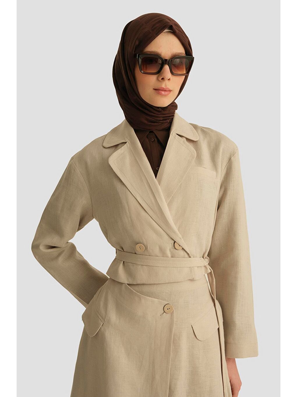 Bej Kruvaze Detaylı Keten Takım 25Y6011 Naturel-3