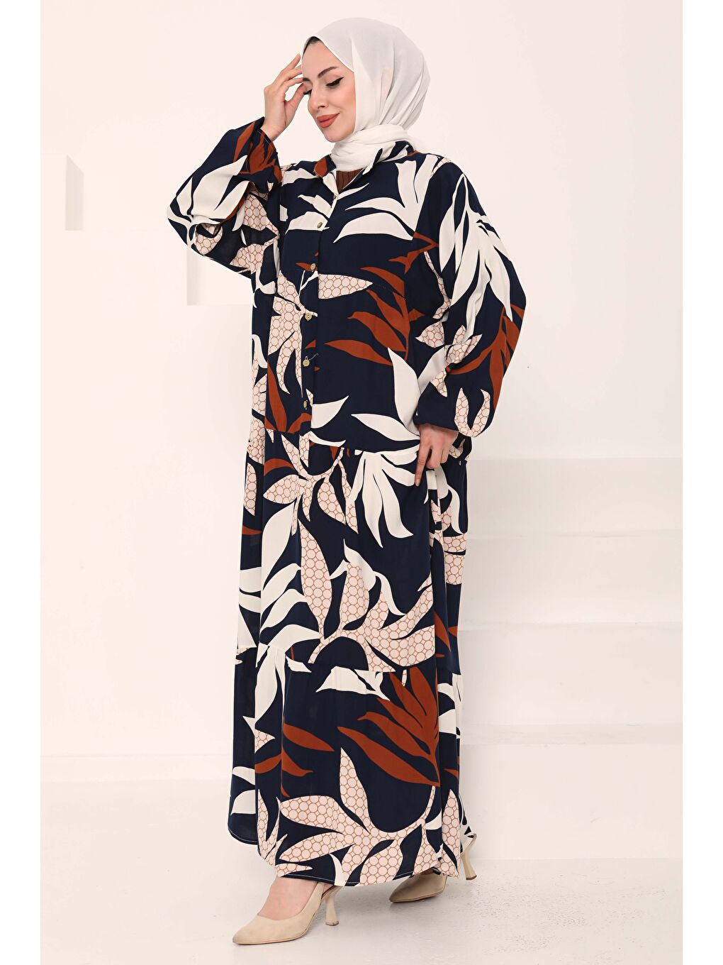 Desenli Düğmeli Elbise Lacivert - 27041-1