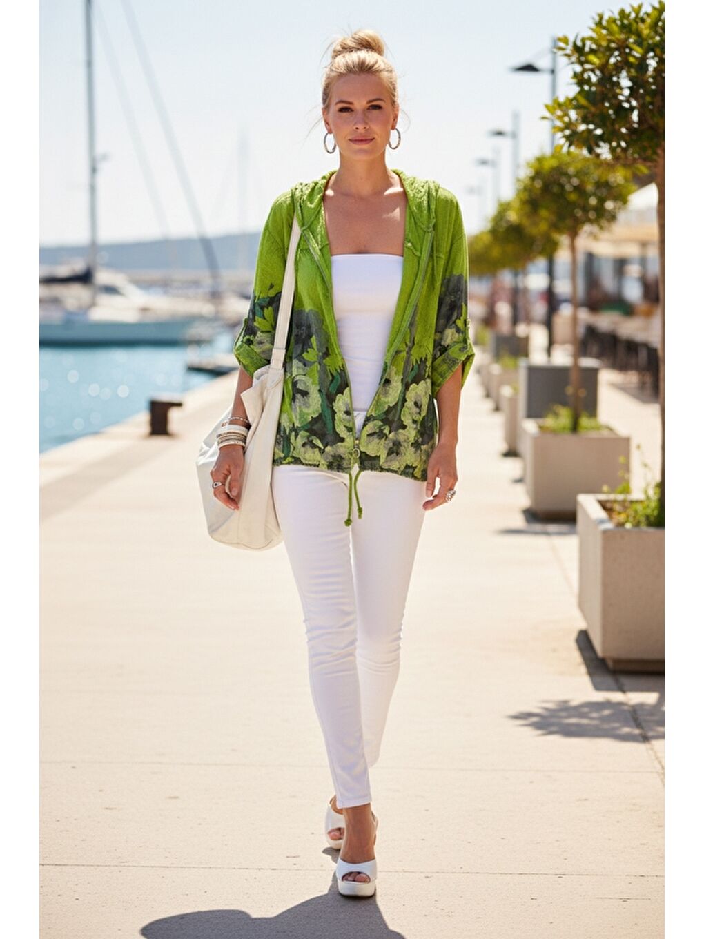 İtalyan Fıstık Yeşili Düğmeli Uzun Kollu Cepli Kapüşonlu Fermuarlı Regular Boy Dokuma Ceket 68 65-4