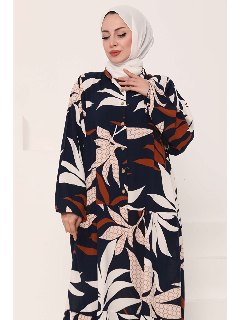 Desenli Düğmeli Elbise Lacivert - 27041-2