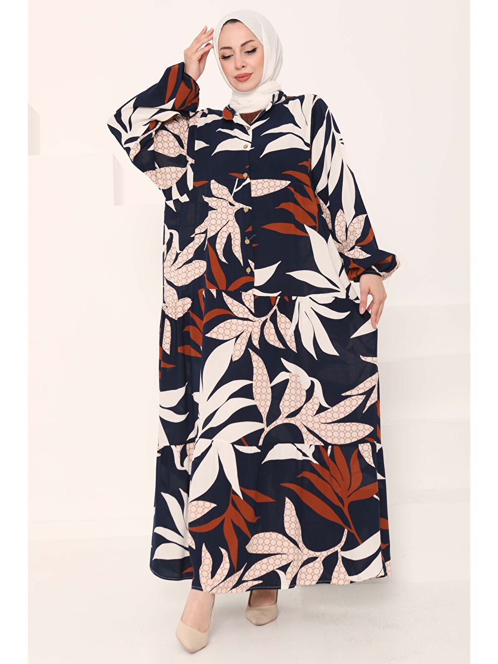 Desenli Düğmeli Elbise Lacivert - 27041-3