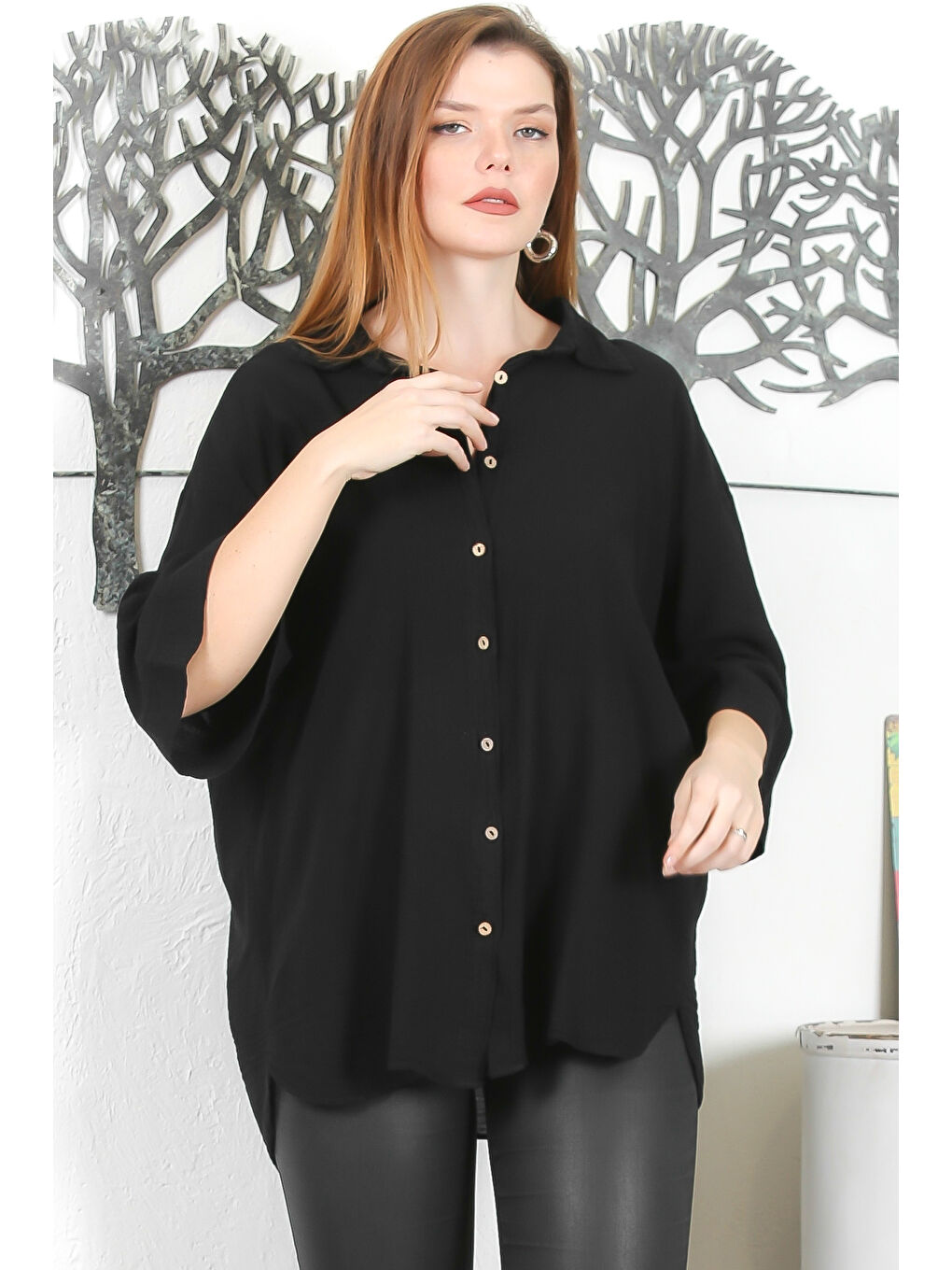 Siyah 3/4 Kol Düğmeli Yıkamalı Casual Dokuma Gömlek-1