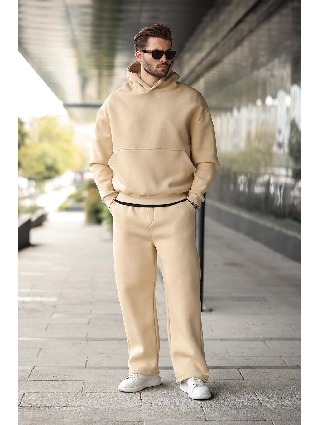 Bej Kapüşonlu Kanguru Cep Erkek Eşofman Takımı E7338-1