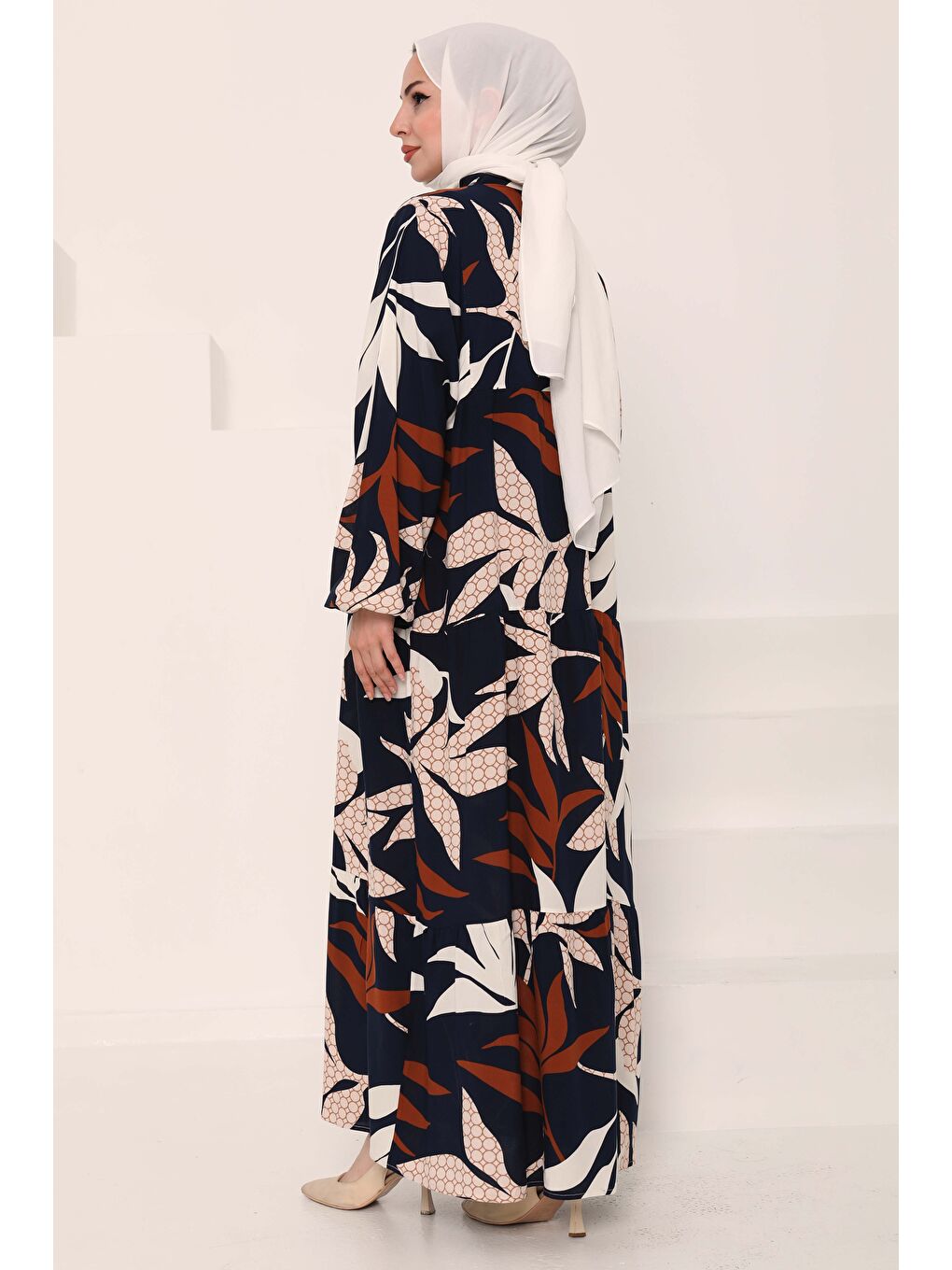 Desenli Düğmeli Elbise Lacivert - 27041-5