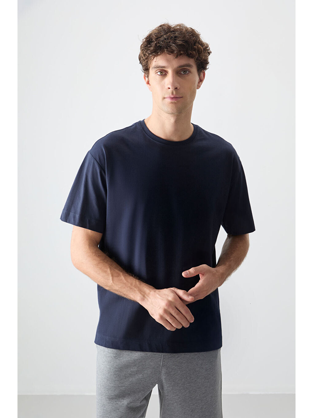 Oversize Fit Basic 3lü Paket Lacivert-Açık Mavi-Parlament Erkek T-Shirt - 88353-1