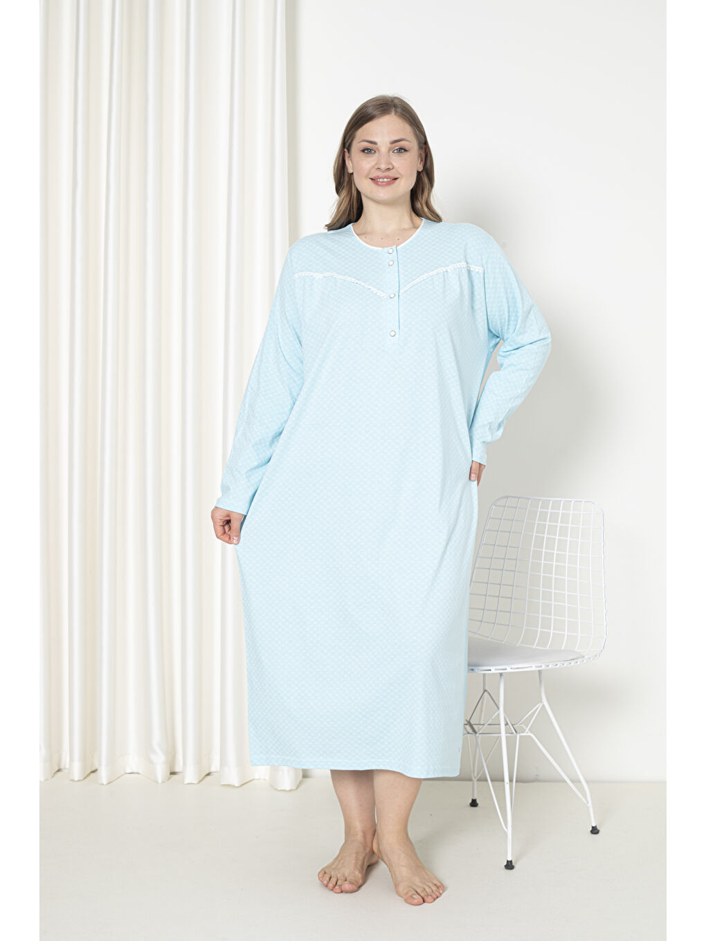 Yeşil %100 Pamuklu Penye Uzun Kol Büyük Beden Anne Geceliği 052-1