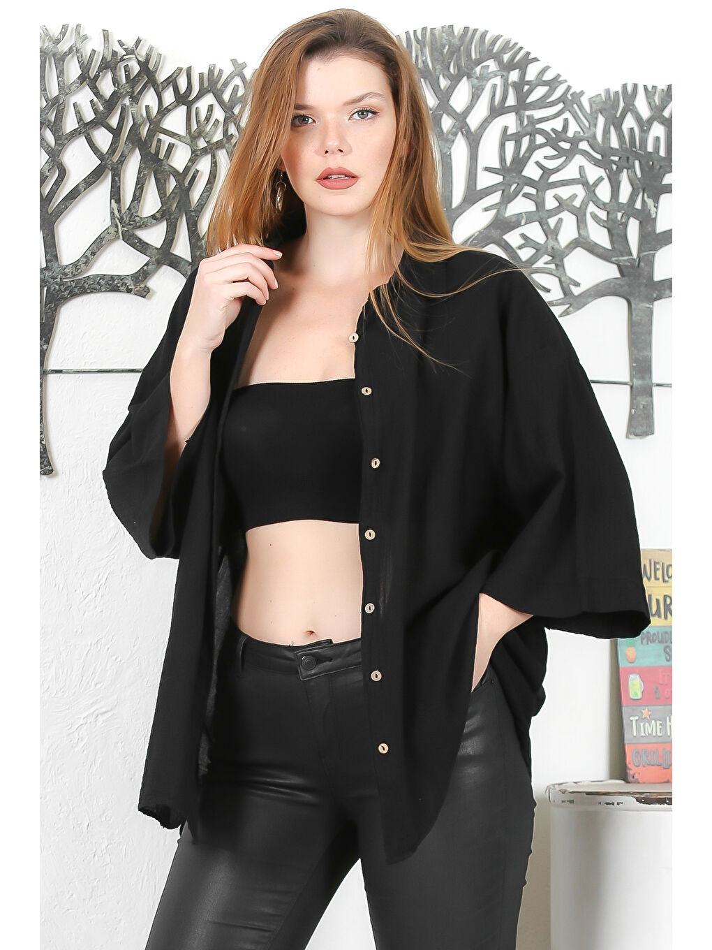 Siyah 3/4 Kol Düğmeli Yıkamalı Casual Dokuma Gömlek-3