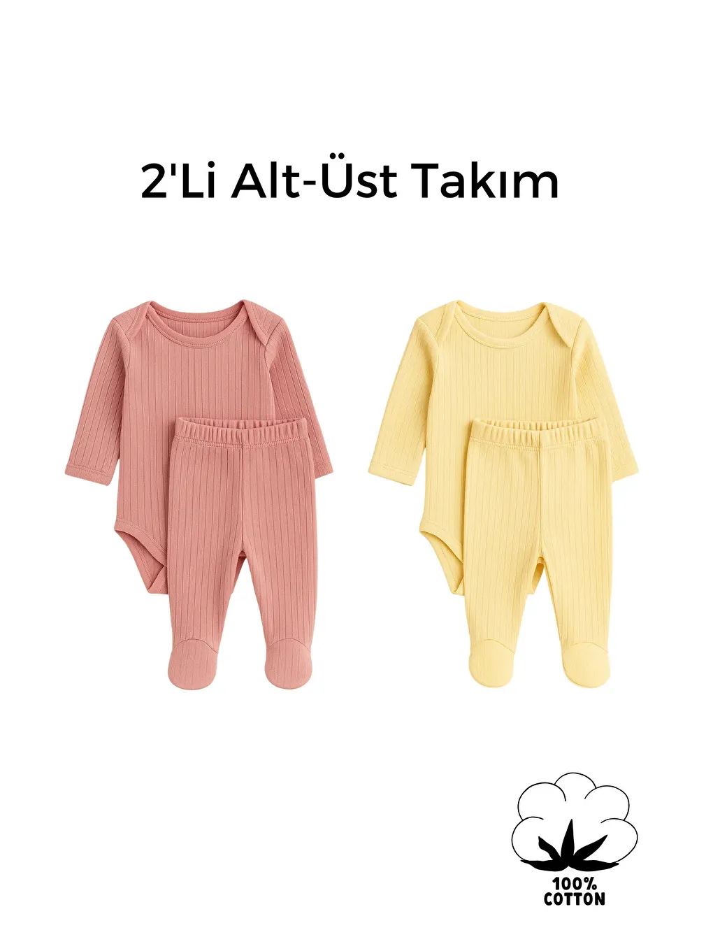 Pembe Kız Bebek Organik Pamuklu 4 Parça 2’li Zıbın Body ve Patikli Alt Takım Seti (0-9 Ay)-2