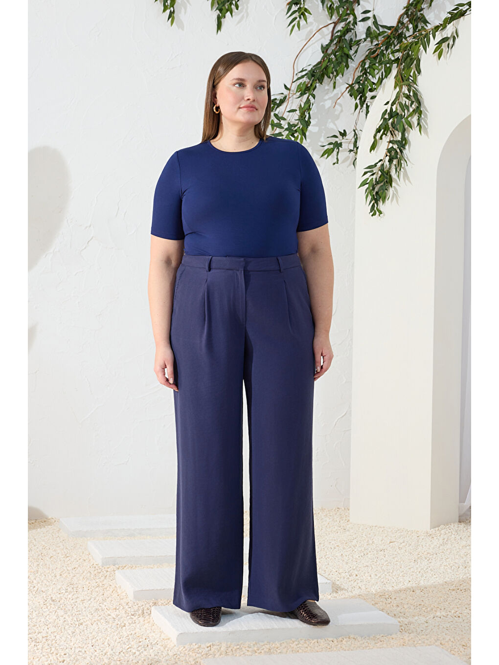 Lacivert Pileli Pantolon-3