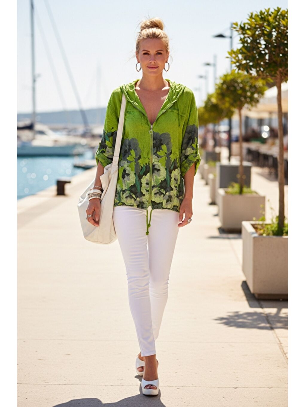 İtalyan Fıstık Yeşili Düğmeli Uzun Kollu Cepli Kapüşonlu Fermuarlı Regular Boy Dokuma Ceket 68 65-5