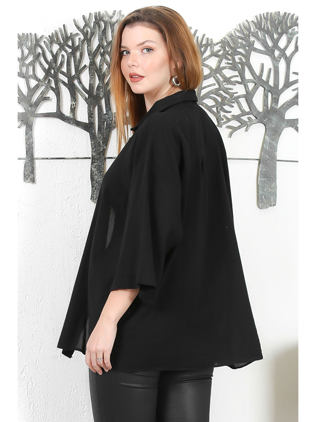 Siyah 3/4 Kol Düğmeli Yıkamalı Casual Dokuma Gömlek-5