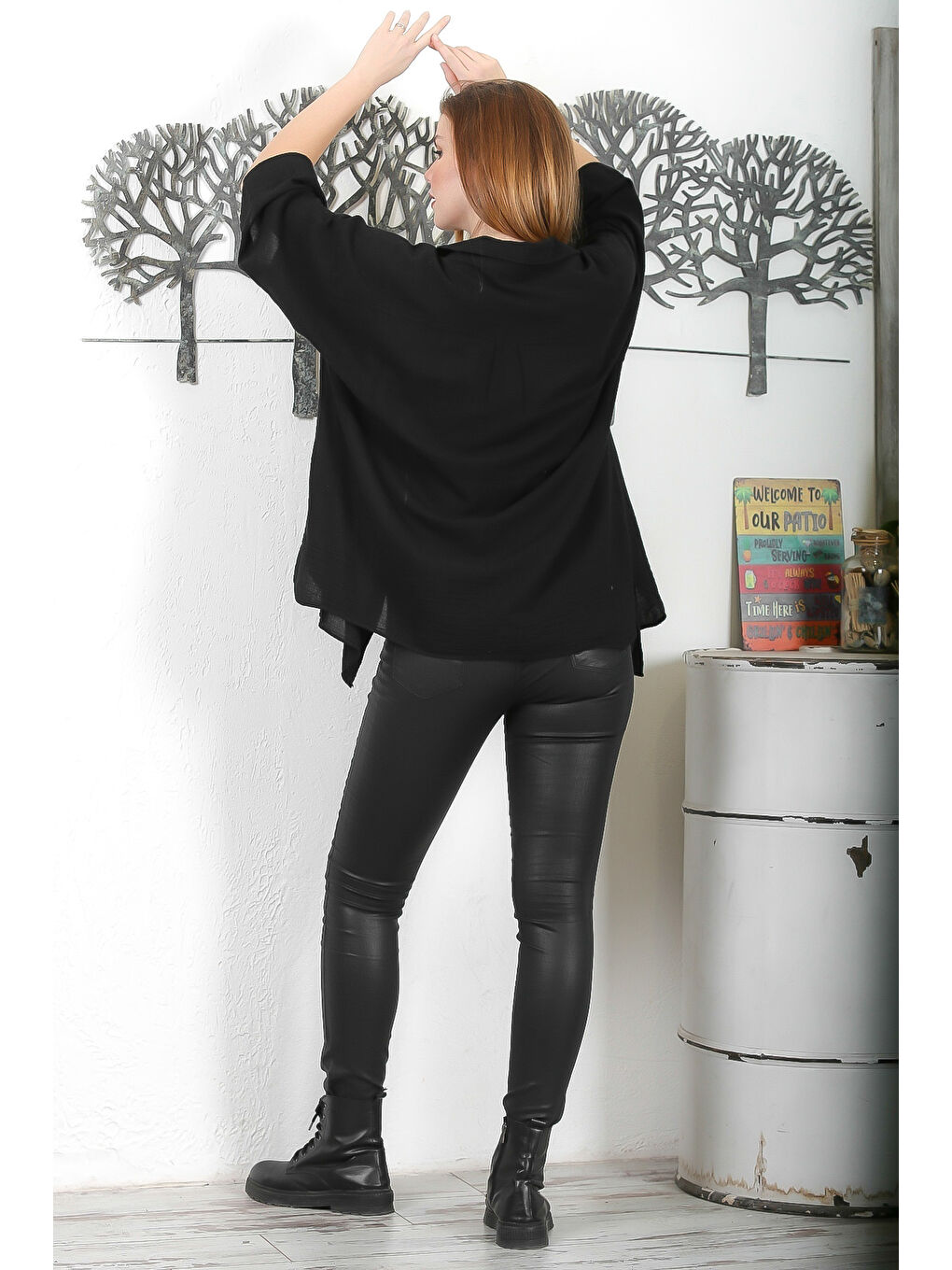 Siyah 3/4 Kol Düğmeli Yıkamalı Casual Dokuma Gömlek-7