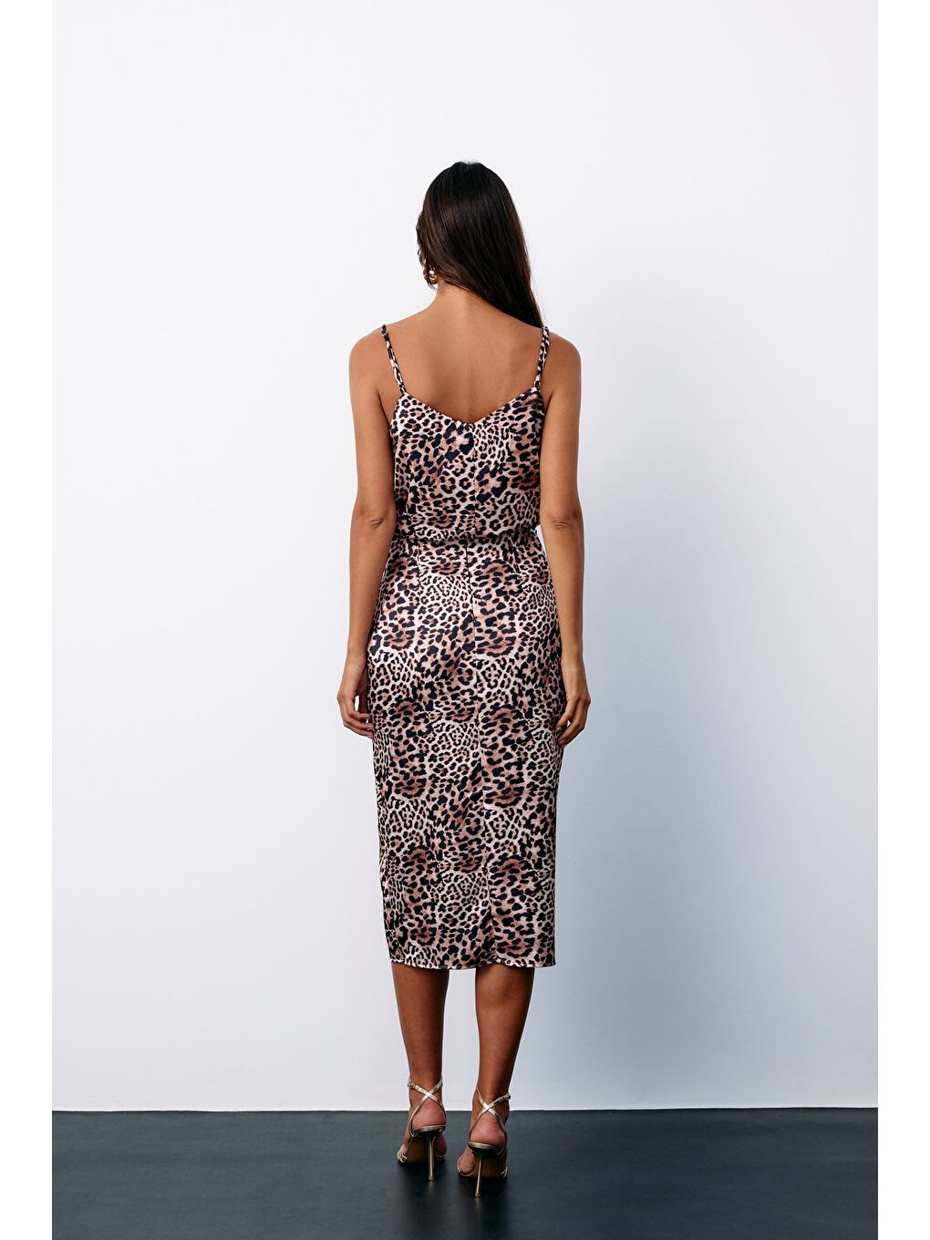 Bej Leopar Desenli Saten Etek - Vizon-4