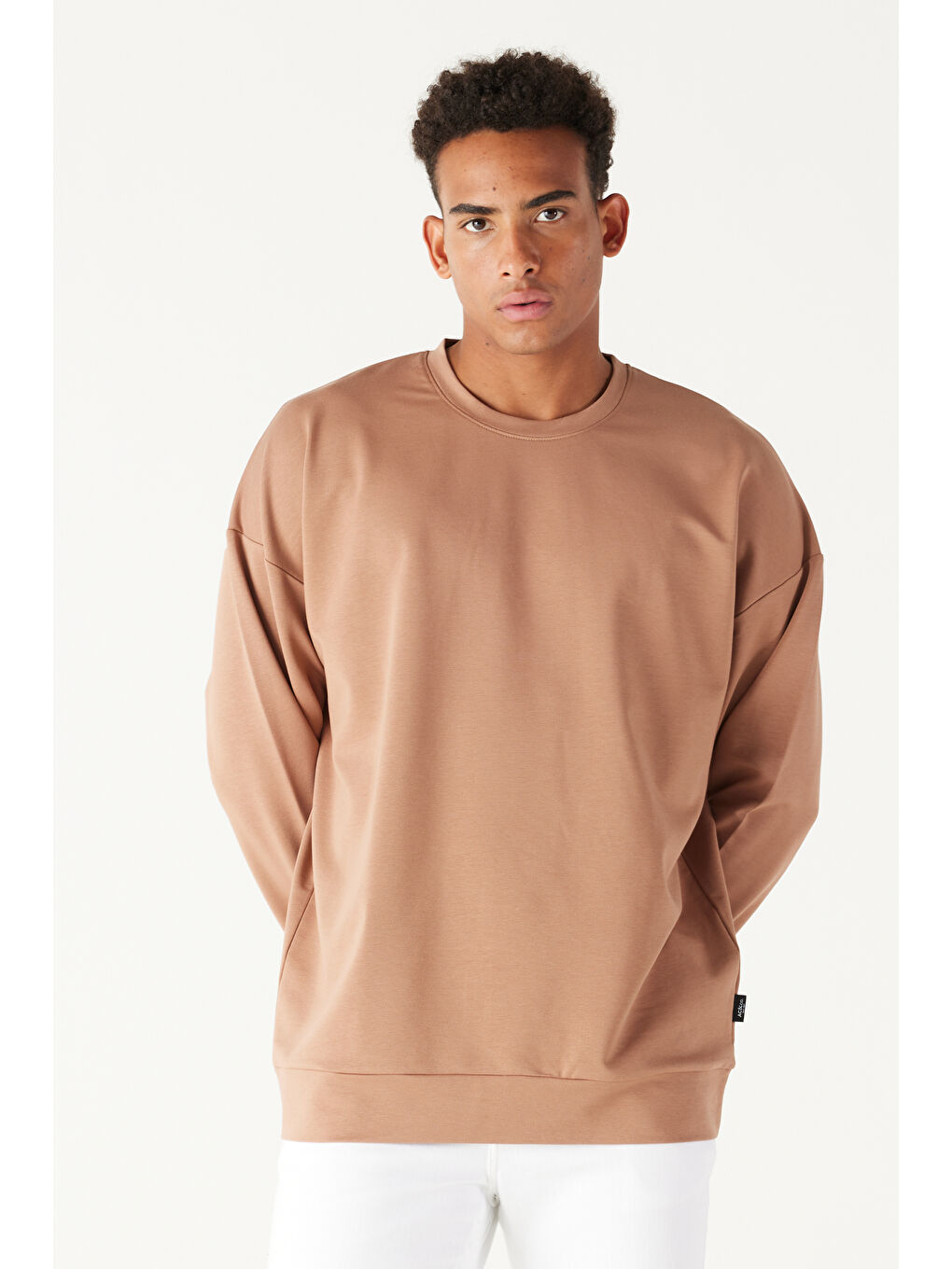 Bej Erkek Vizon Oversize Fit Geniş Kesim Bisiklet Yaka Pamuklu Sweatshirt-3