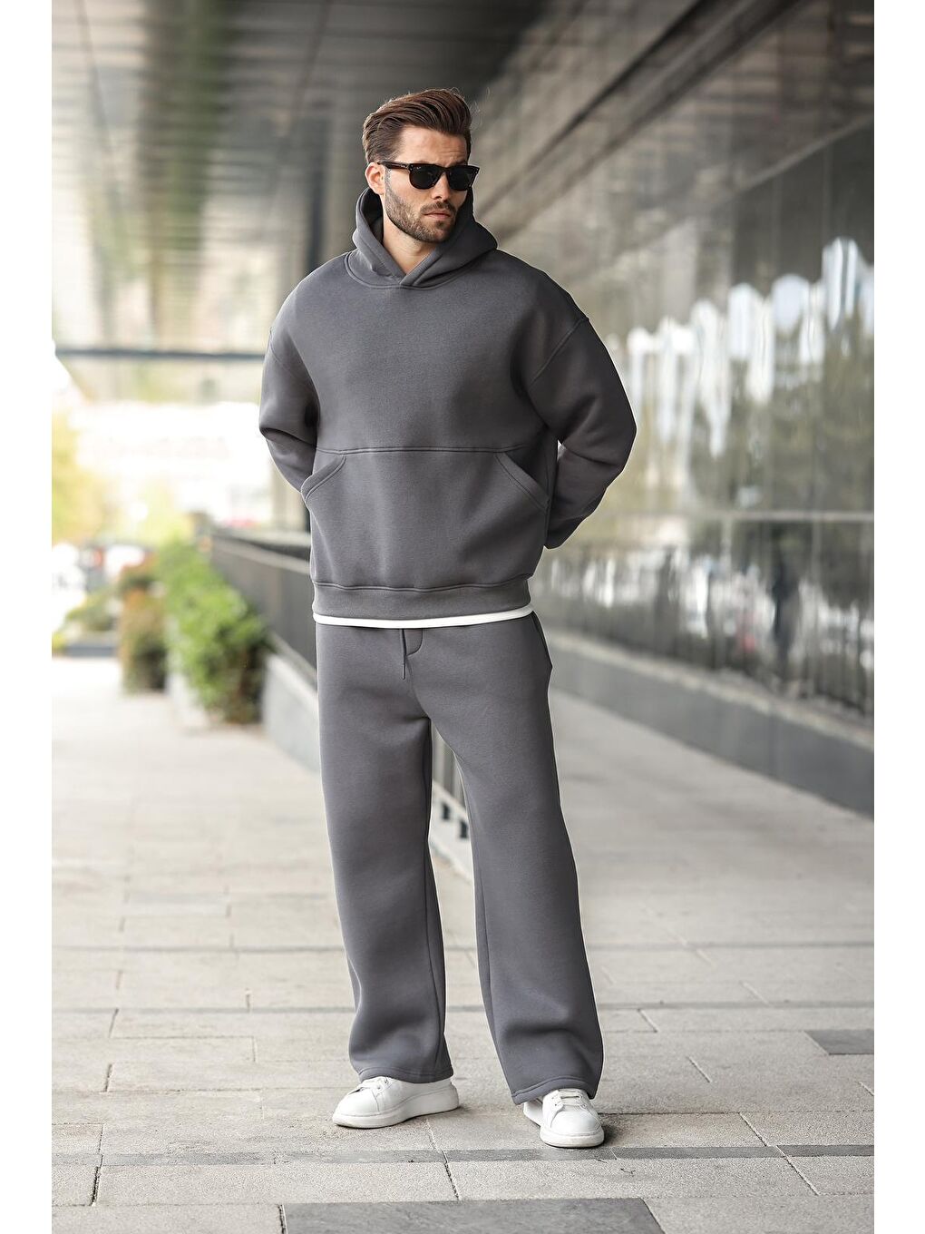 Gri Füme Kapüşonlu Kanguru Cep Erkek Eşofman Takımı E7338