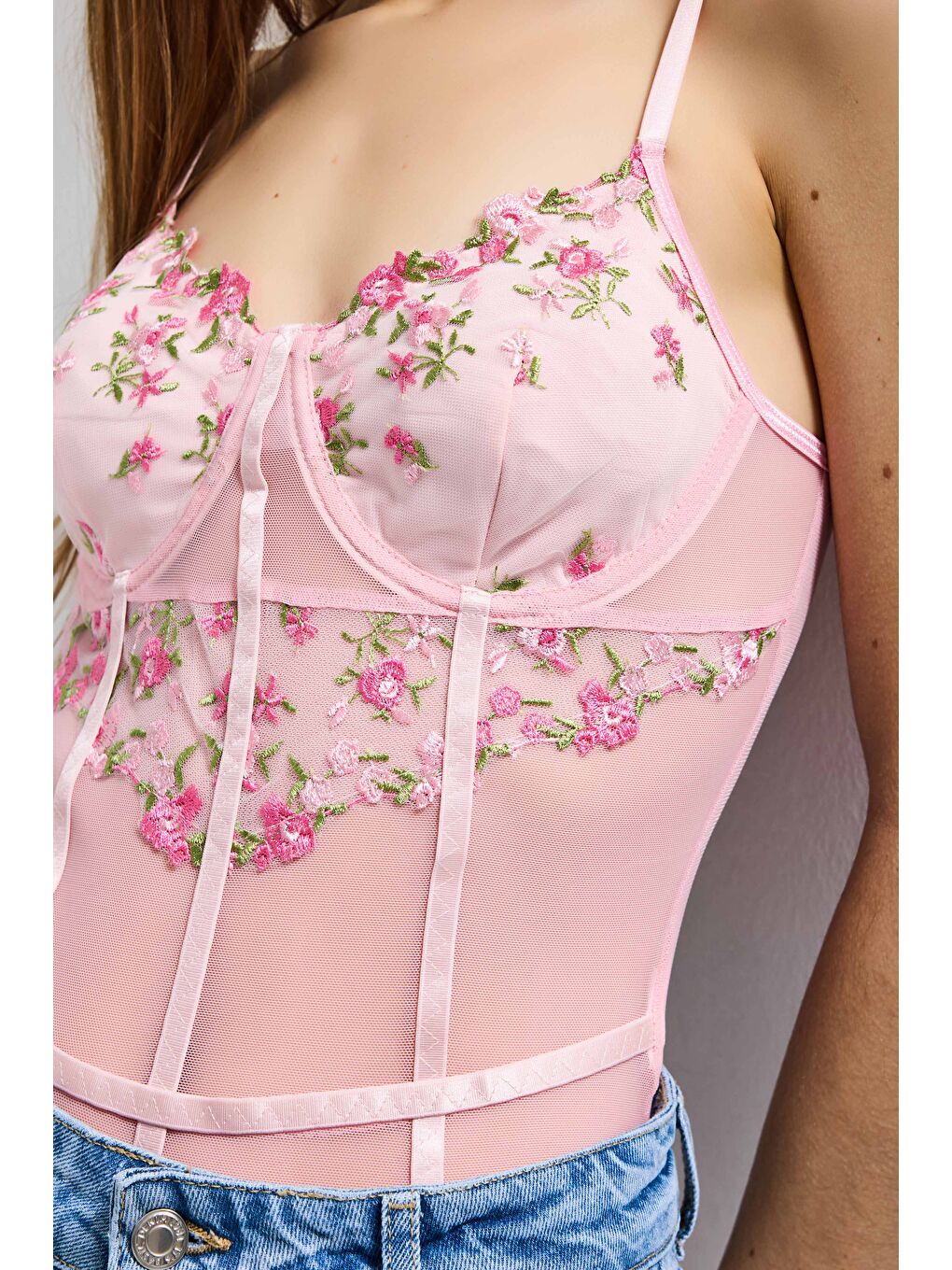 Kadın Pembe w5 Çıtçıklı Toparlayıcı Özel Çiçek ve Dantel Desenli Tasarım Askılı Body-2