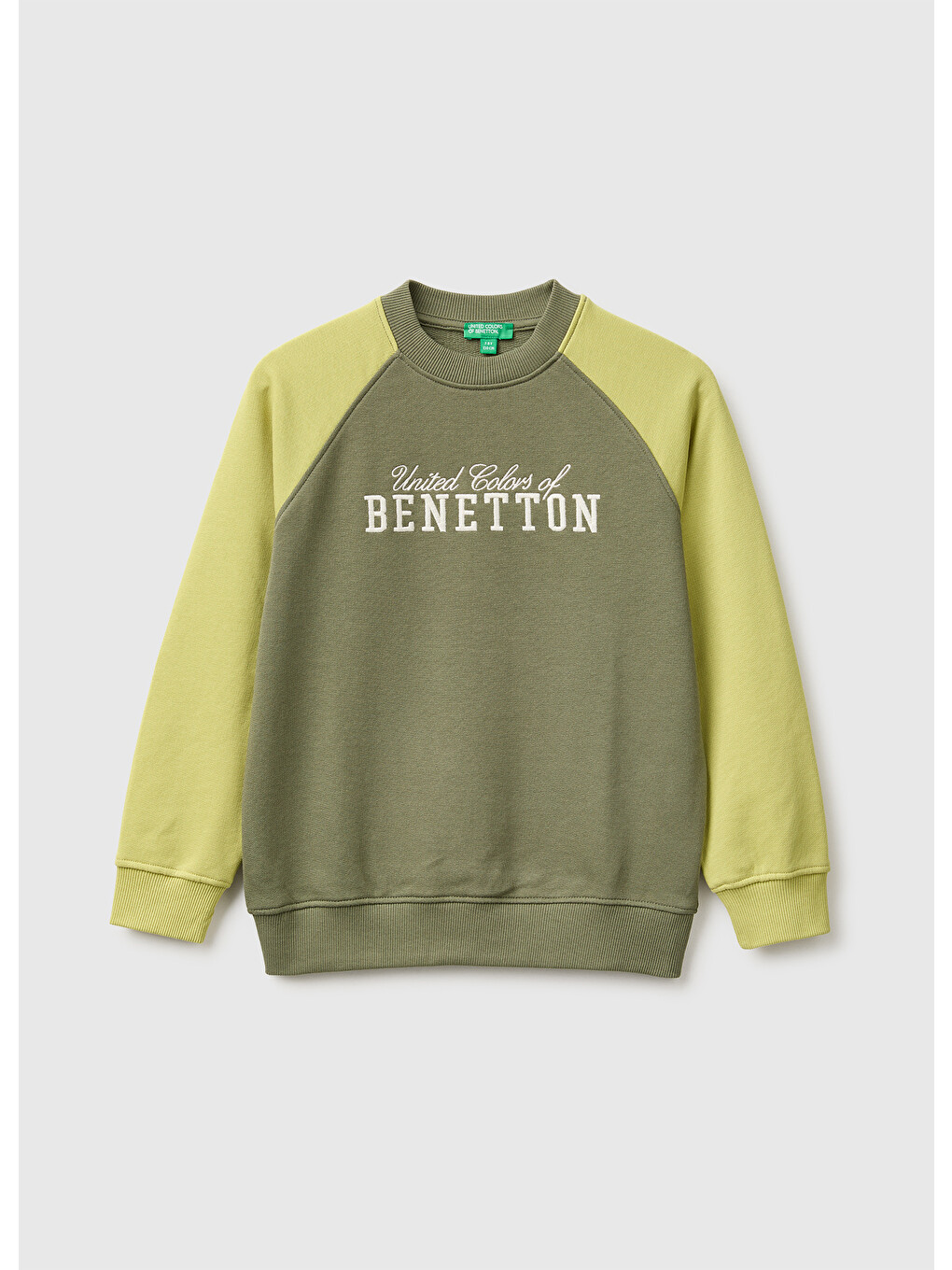 Erkek Çocuk Haki Önü İşlemeli Ribanalı Reglan Kollu Bisiklet Yaka Sweatshirt