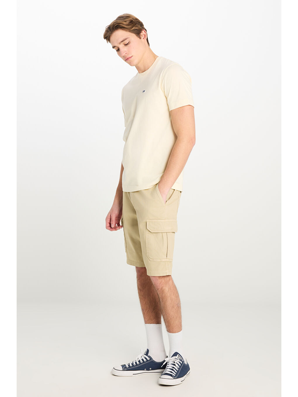 %100 Pamuk Relaxed Fit Geniş Kesim Normal Bel Bej Chino Şort-1