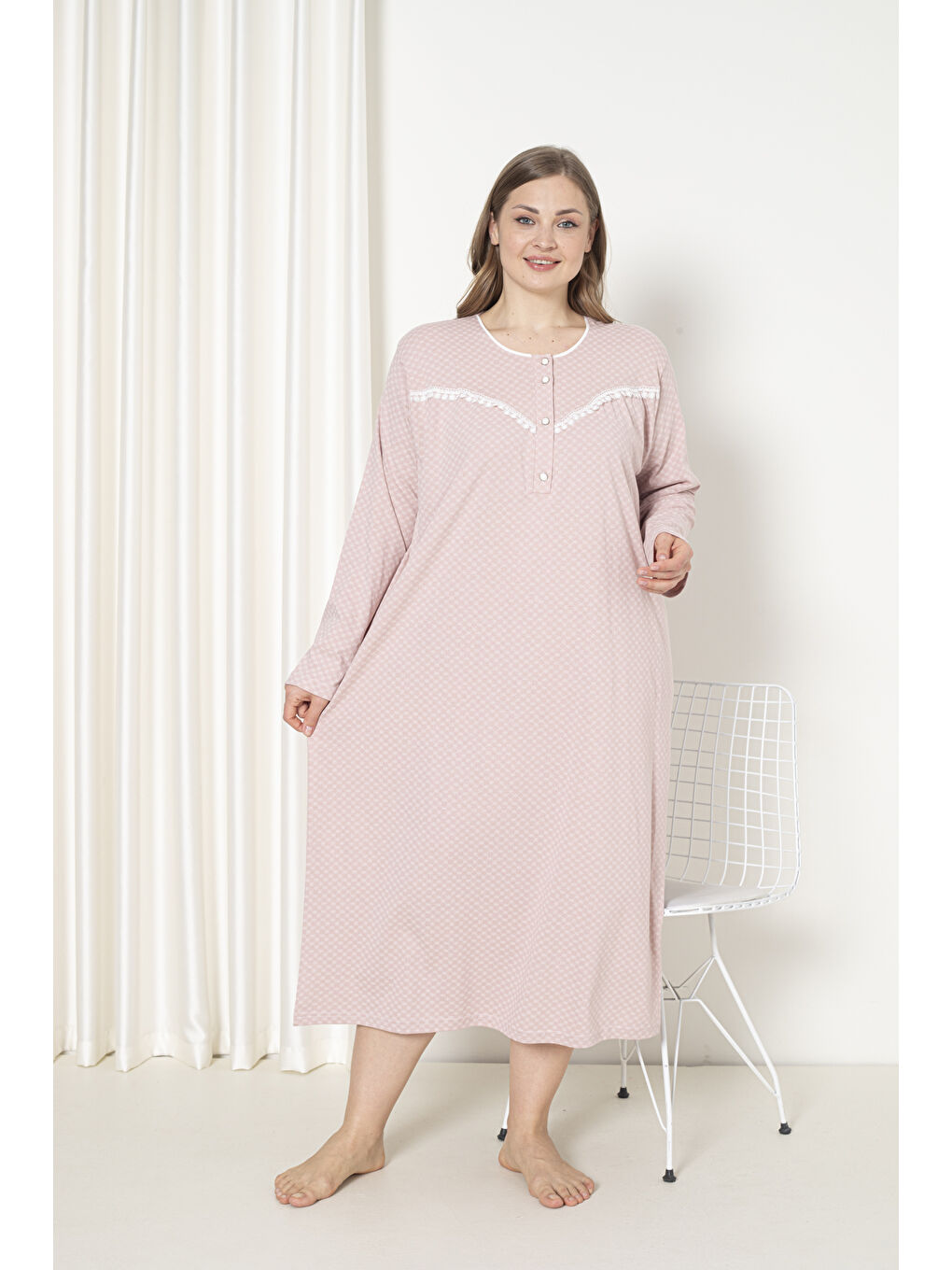 Pembe %100 Pamuklu Penye Uzun Kol Büyük Beden Anne Geceliği 052-1