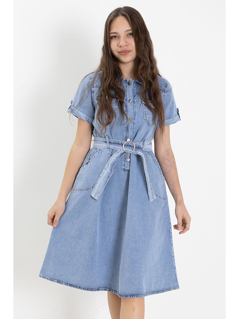 Mavi Gömlek Yaka Kısa Kollu Kız Çocuk Kuşaklı Jean Elbise 24020-1