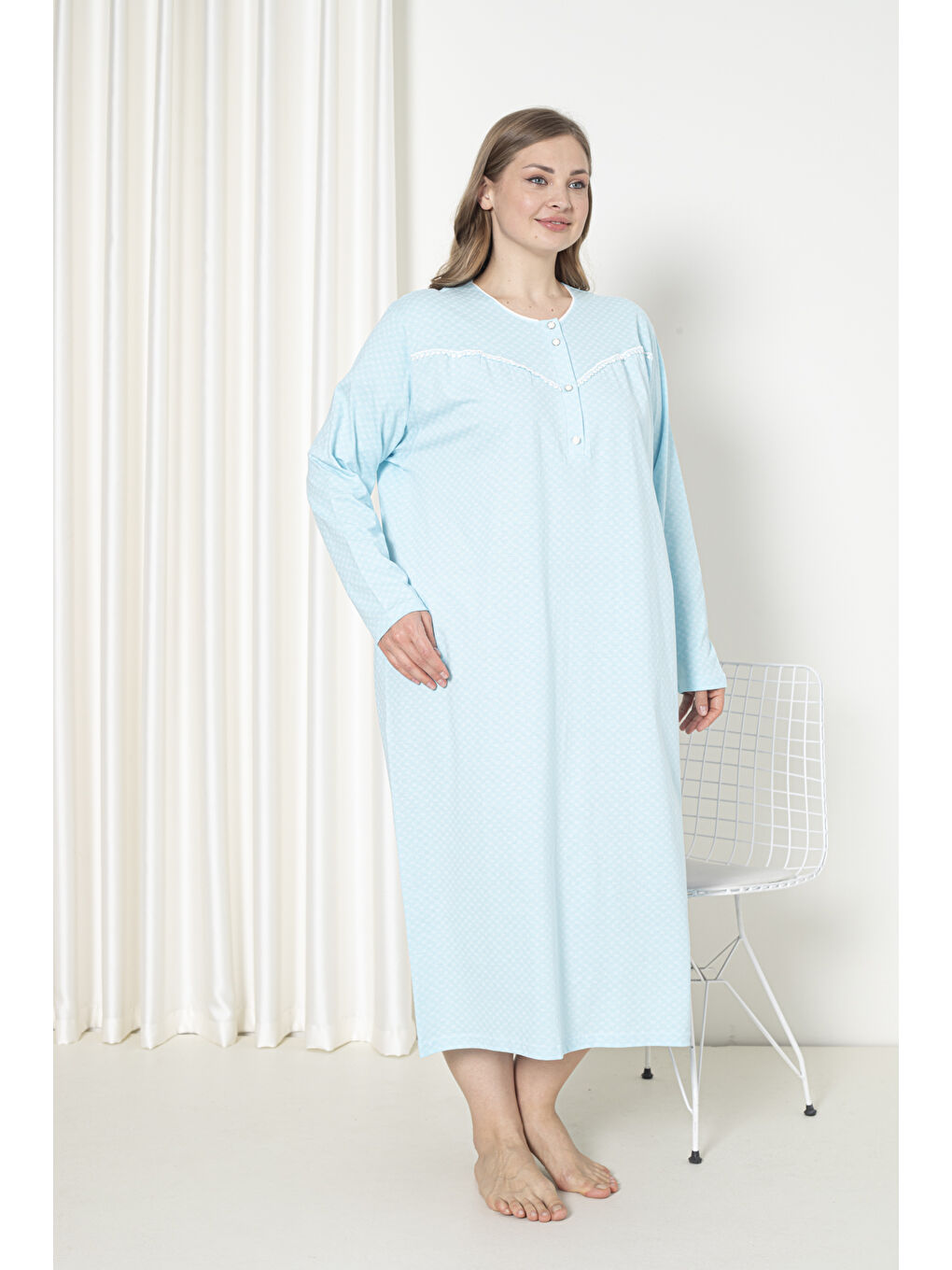 Yeşil %100 Pamuklu Penye Uzun Kol Büyük Beden Anne Geceliği 052-2