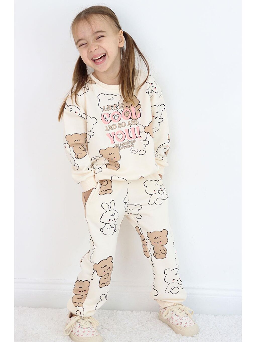 Ekru Kız Çocuk Eşofman Takımı Sevimli Dostlar Krem (4-8 Yaş)-3
