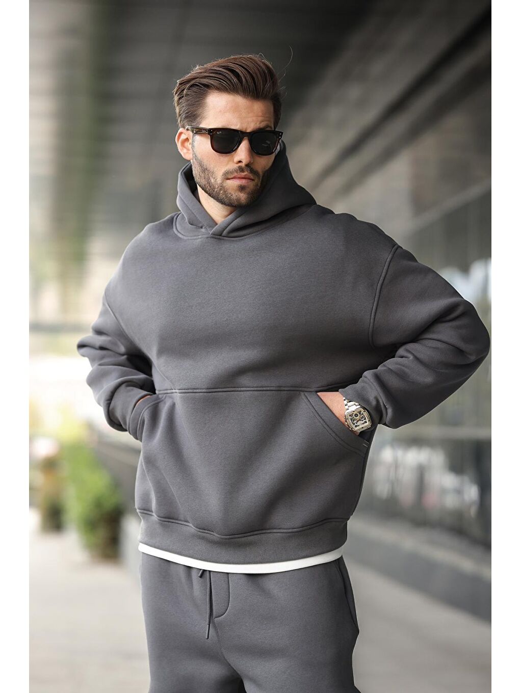 Gri Füme Kapüşonlu Kanguru Cep Erkek Eşofman Takımı E7338-1