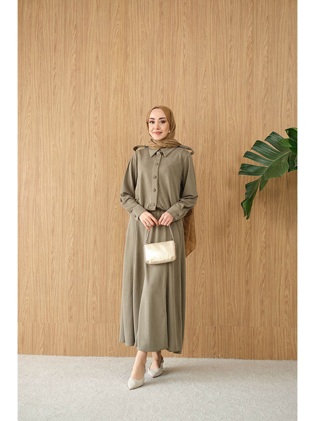 Kadın Gömlek Yaka Gümüş Düğme Detay Takım Yeşil-3
