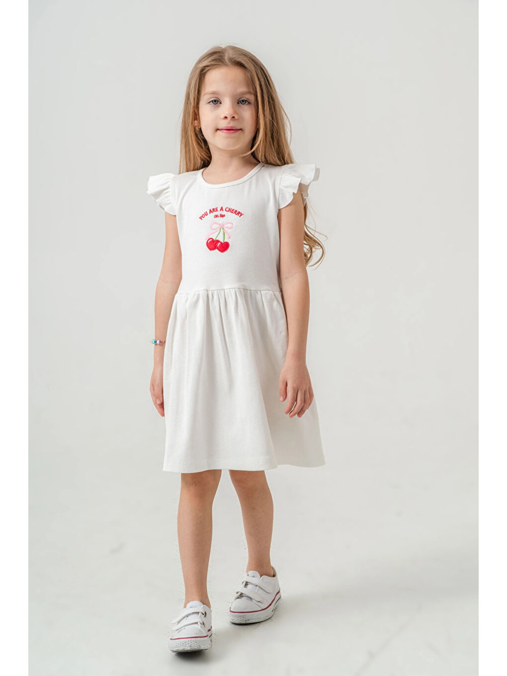 Ekru Kiraz Nakışlı Kız Çocuk Elbise 50772-1