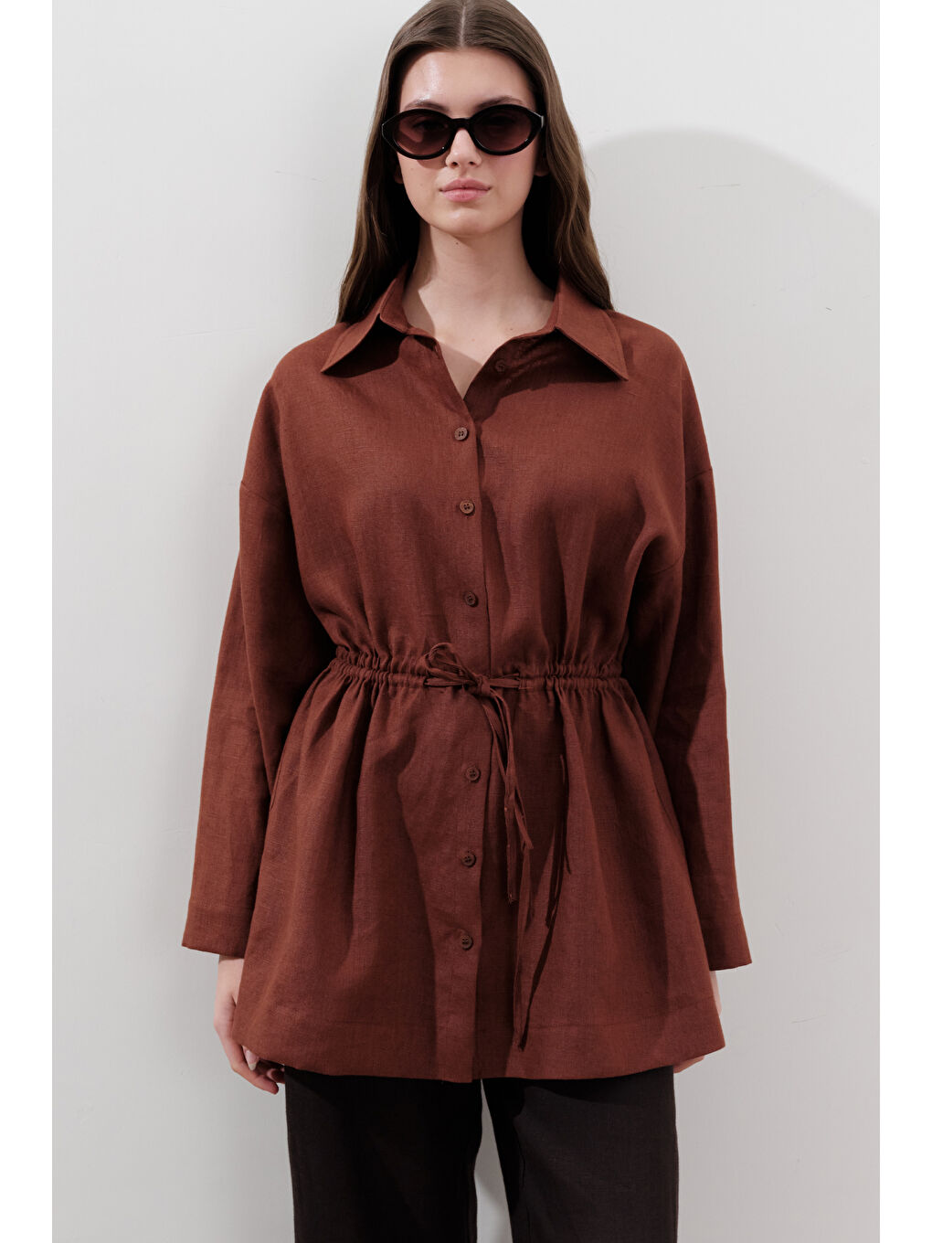 Turuncu Keten Beli Bağlamalı Tunik Bakır-1