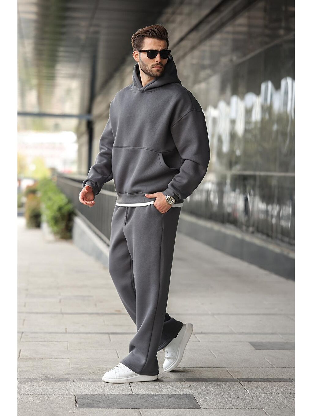 Gri Füme Kapüşonlu Kanguru Cep Erkek Eşofman Takımı E7338-2