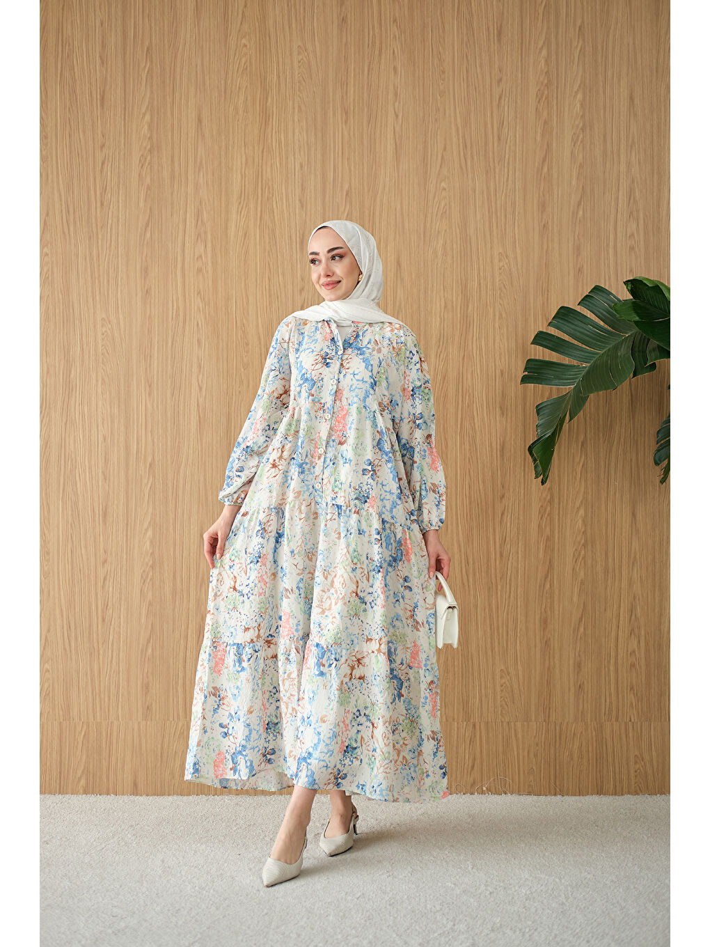 Kadın Vintage Çiçek Desen Elbise Mavi-1