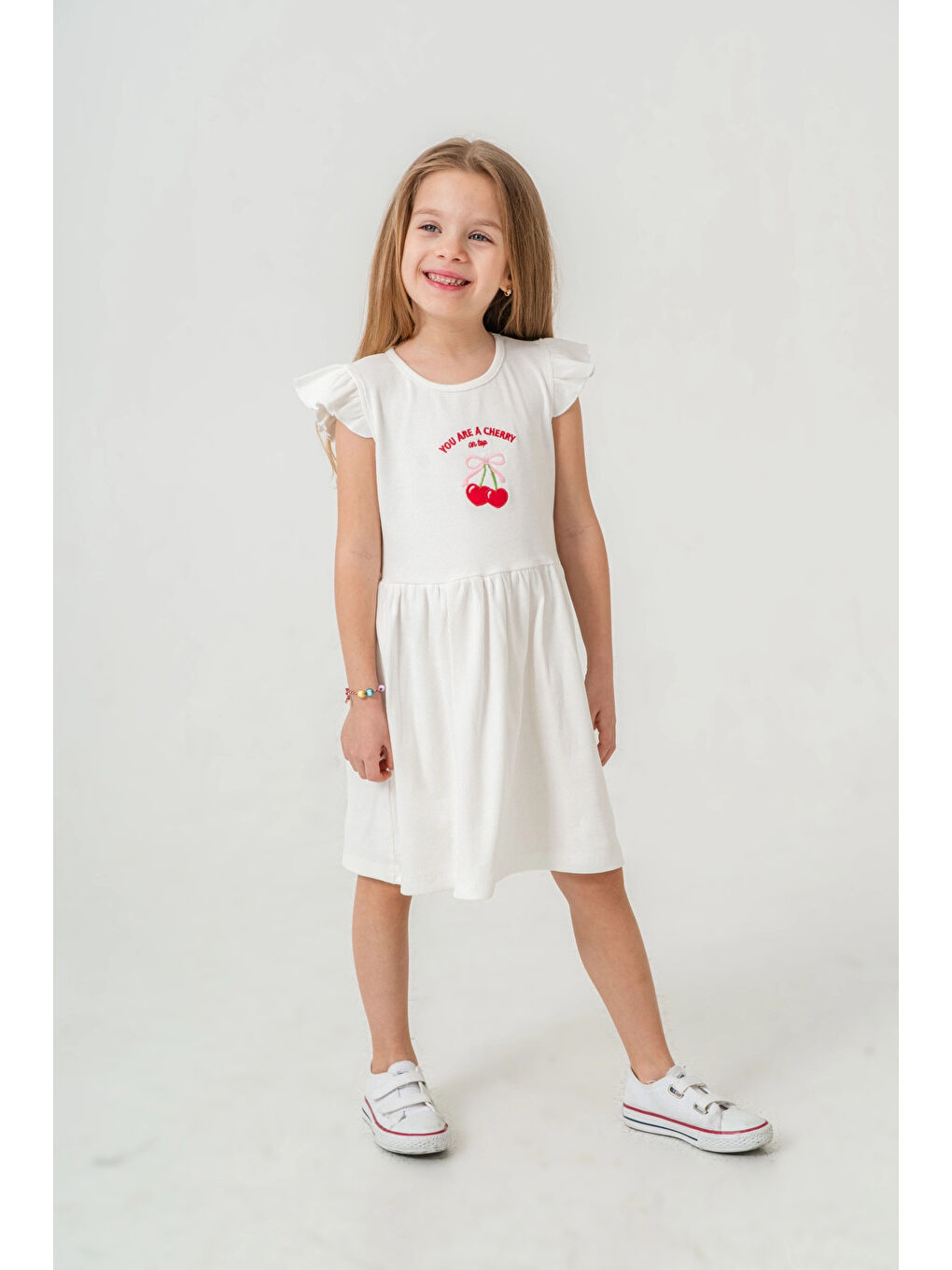 Ekru Kiraz Nakışlı Kız Çocuk Elbise 50772-2