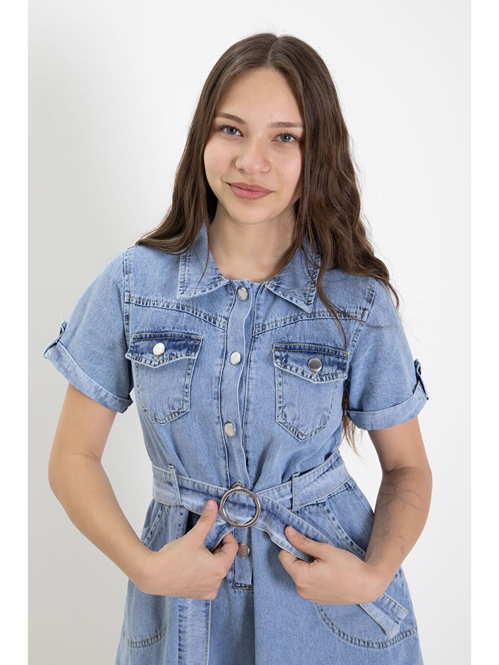 Mavi Gömlek Yaka Kısa Kollu Kız Çocuk Kuşaklı Jean Elbise 24020-2