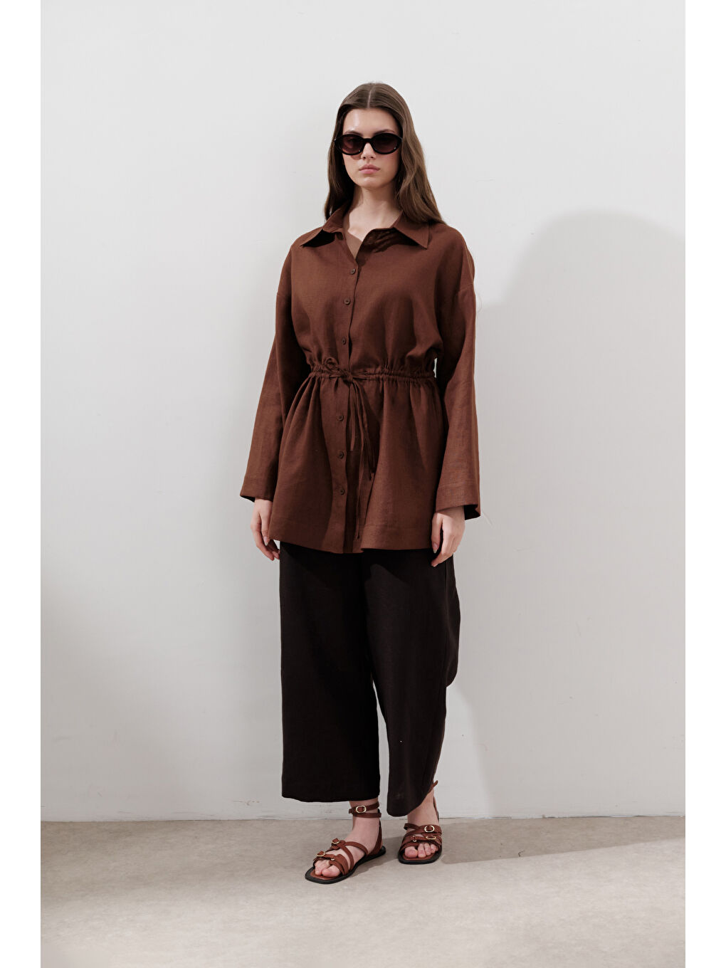 Turuncu Keten Beli Bağlamalı Tunik Bakır-2