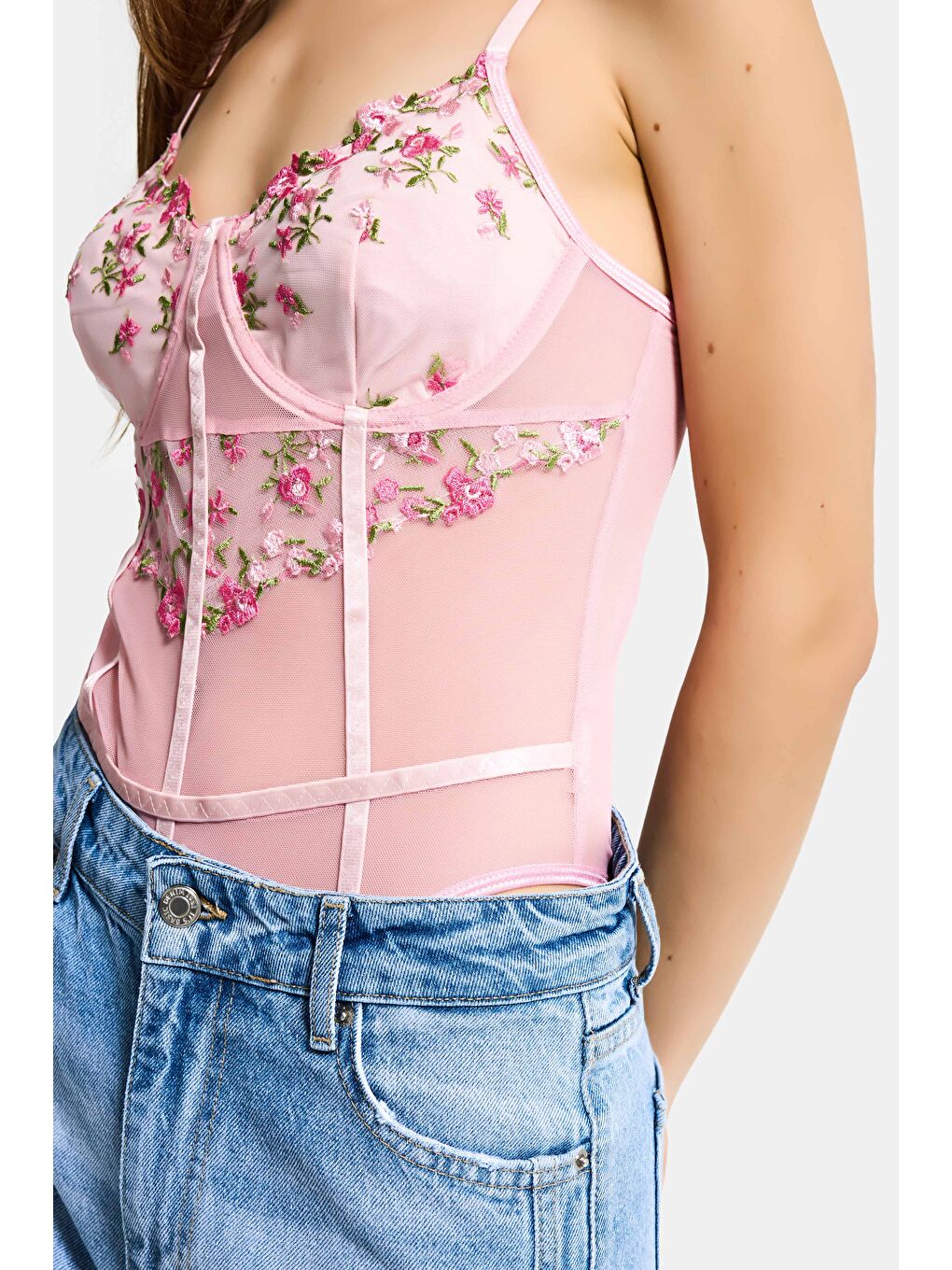 Kadın Pembe w5 Çıtçıklı Toparlayıcı Özel Çiçek ve Dantel Desenli Tasarım Askılı Body-5