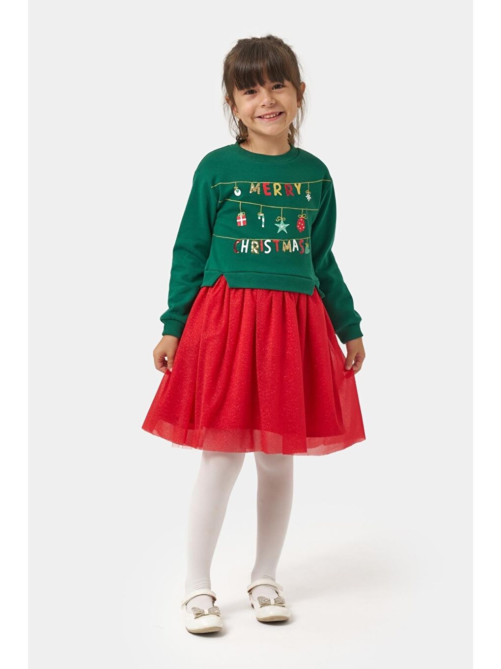 Karışık Kız Çocuk Pamuklu Yeşil Üst Kırmızı Tüllü Yeni Yıl Temalı Elbise-1