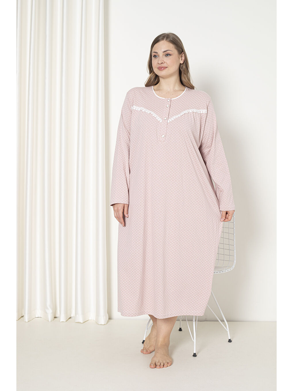 Pembe %100 Pamuklu Penye Uzun Kol Büyük Beden Anne Geceliği 052-2