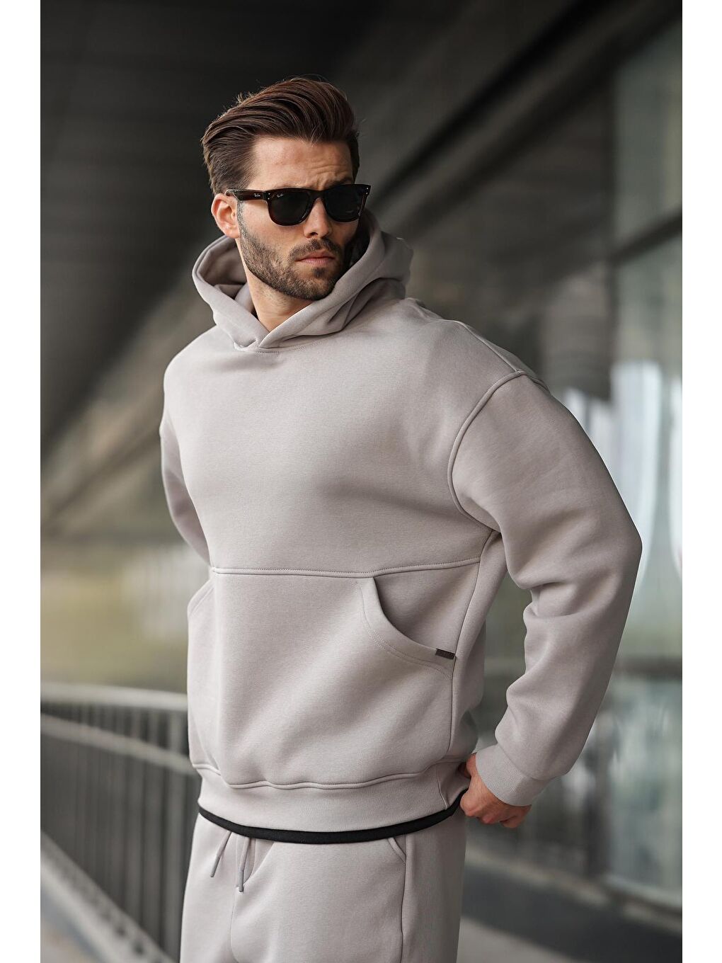 Boyalı Gri Kapüşonlu Kanguru Cep Erkek Eşofman Takımı E7338-1