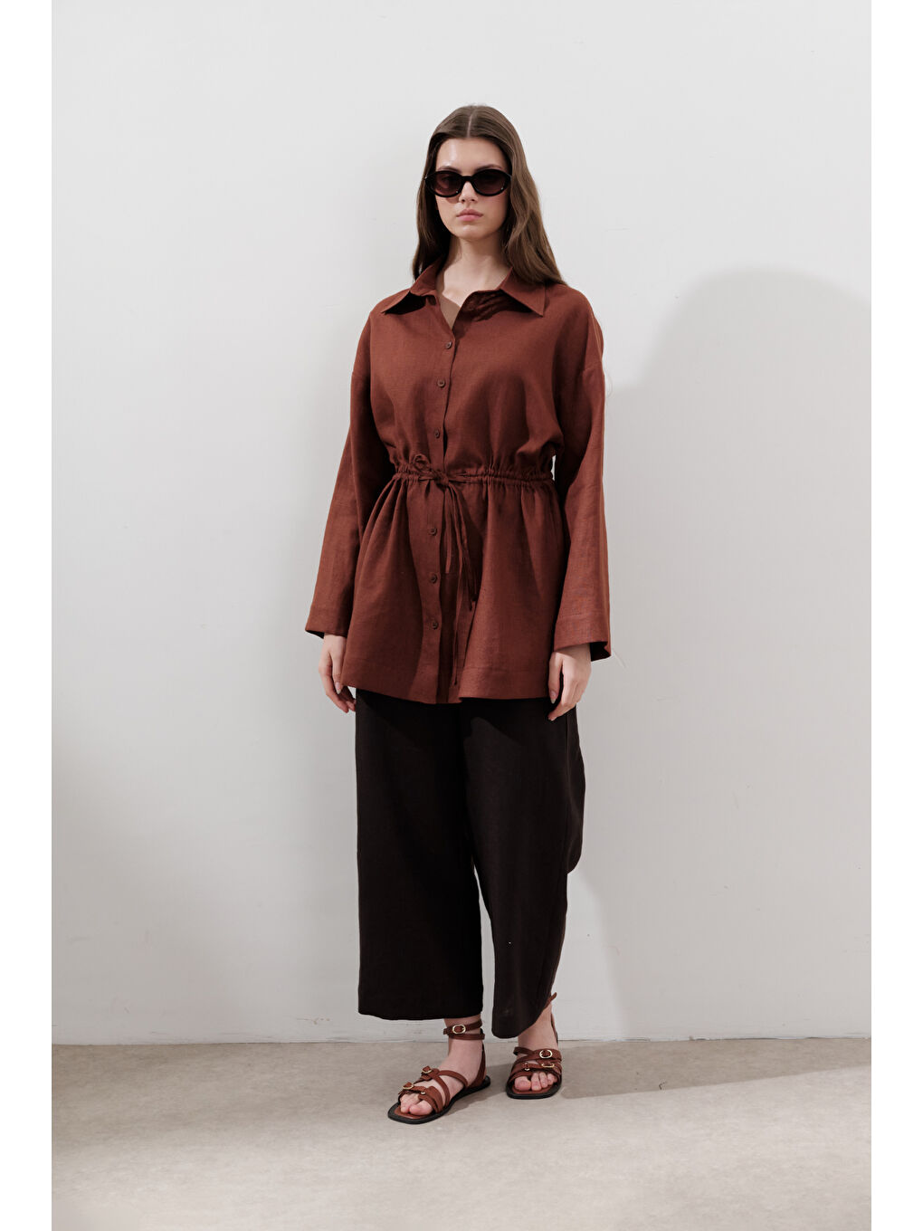 Turuncu Keten Beli Bağlamalı Tunik Bakır-3