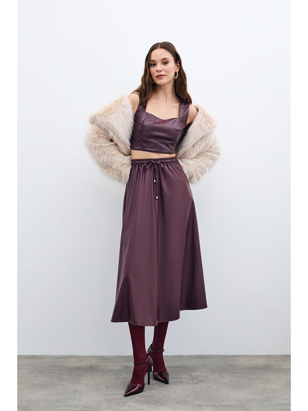 Bel Lastikli Deri Etek - Bordo