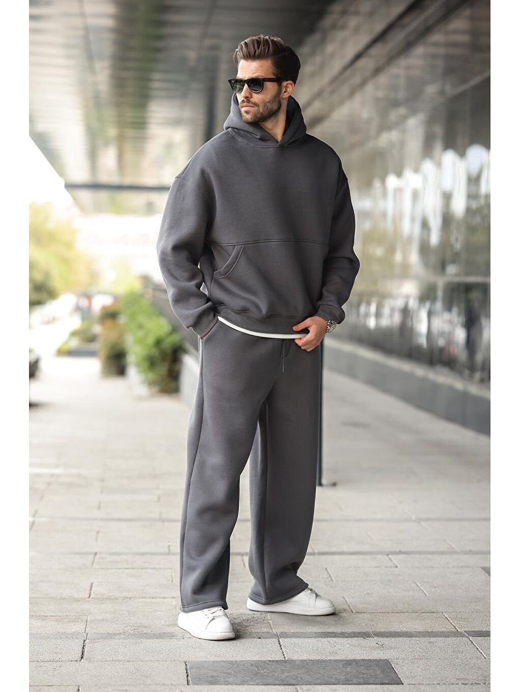 Gri Füme Kapüşonlu Kanguru Cep Erkek Eşofman Takımı E7338-3