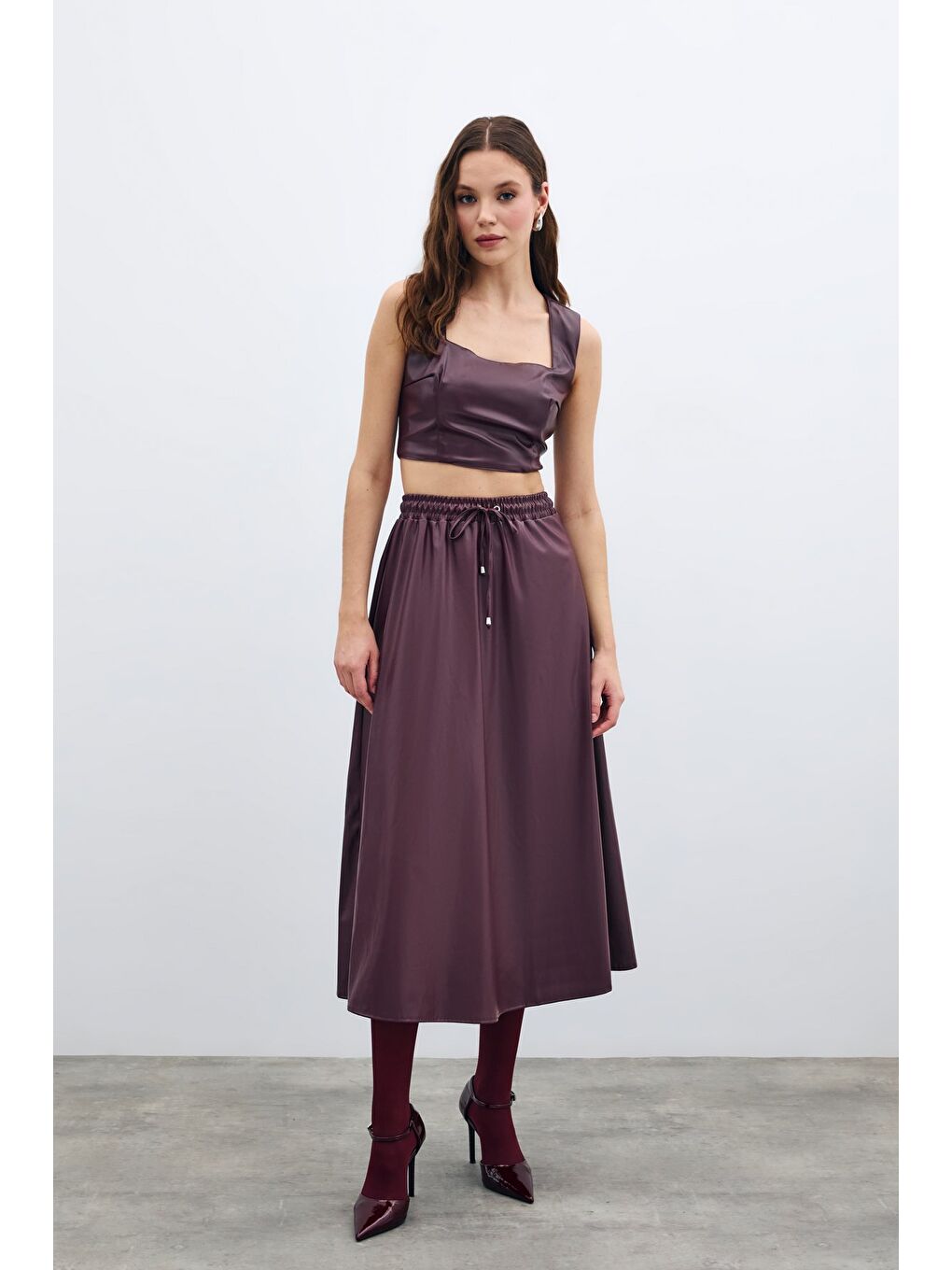 Bel Lastikli Deri Etek - Bordo-1