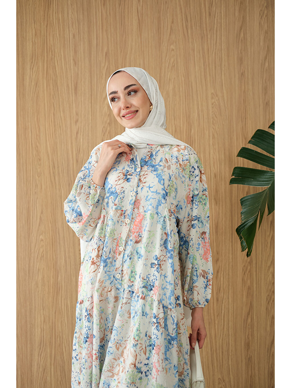 Kadın Vintage Çiçek Desen Elbise Mavi-2