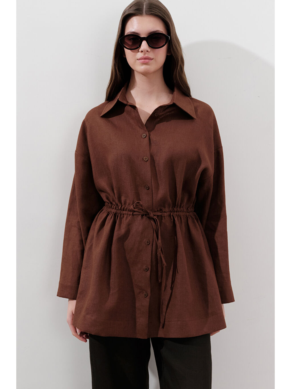 Turuncu Keten Beli Bağlamalı Tunik Bakır-4