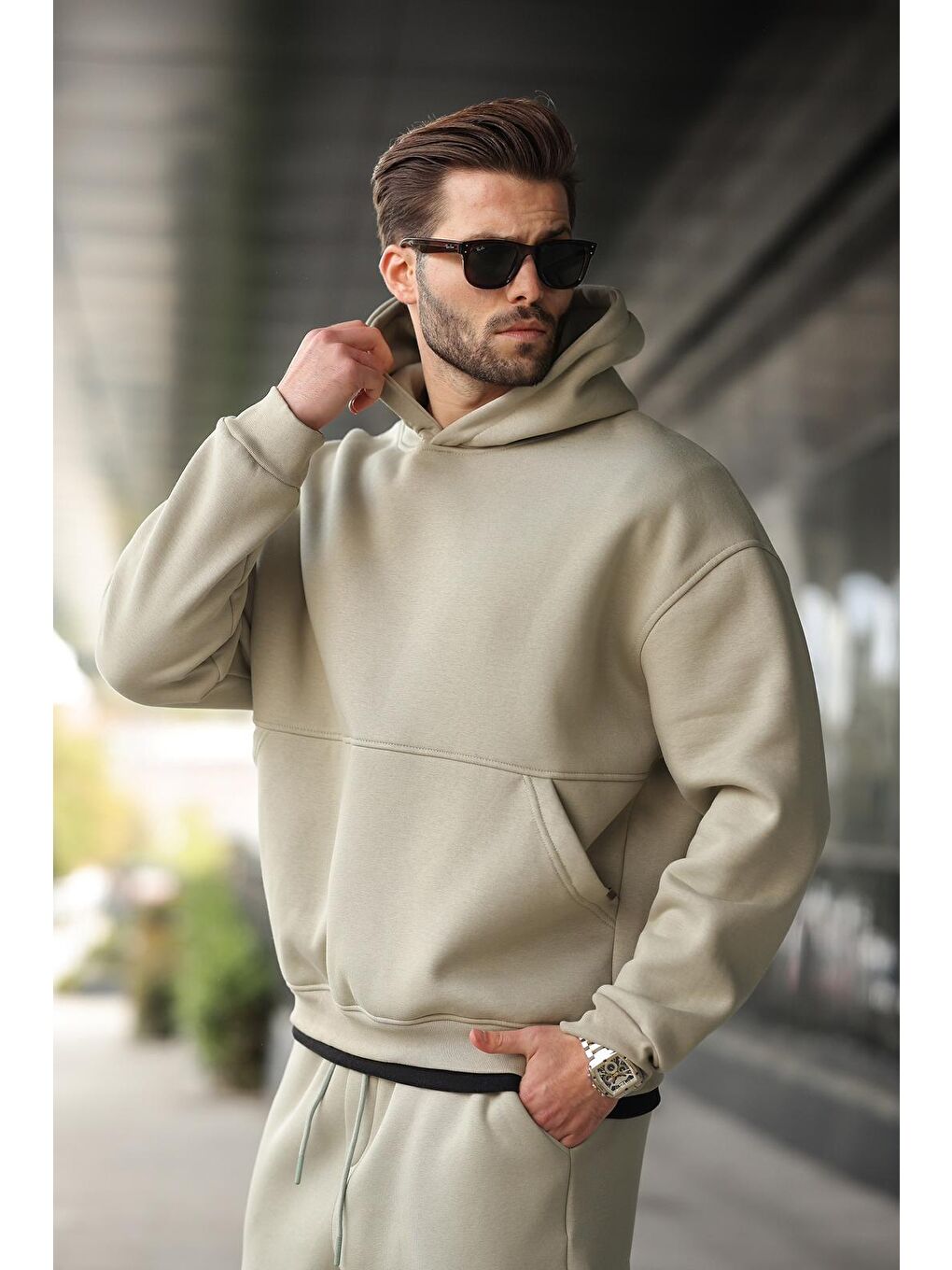 Mint Yeşili Kapüşonlu Kanguru Cep Erkek Eşofman Takımı E7338-1