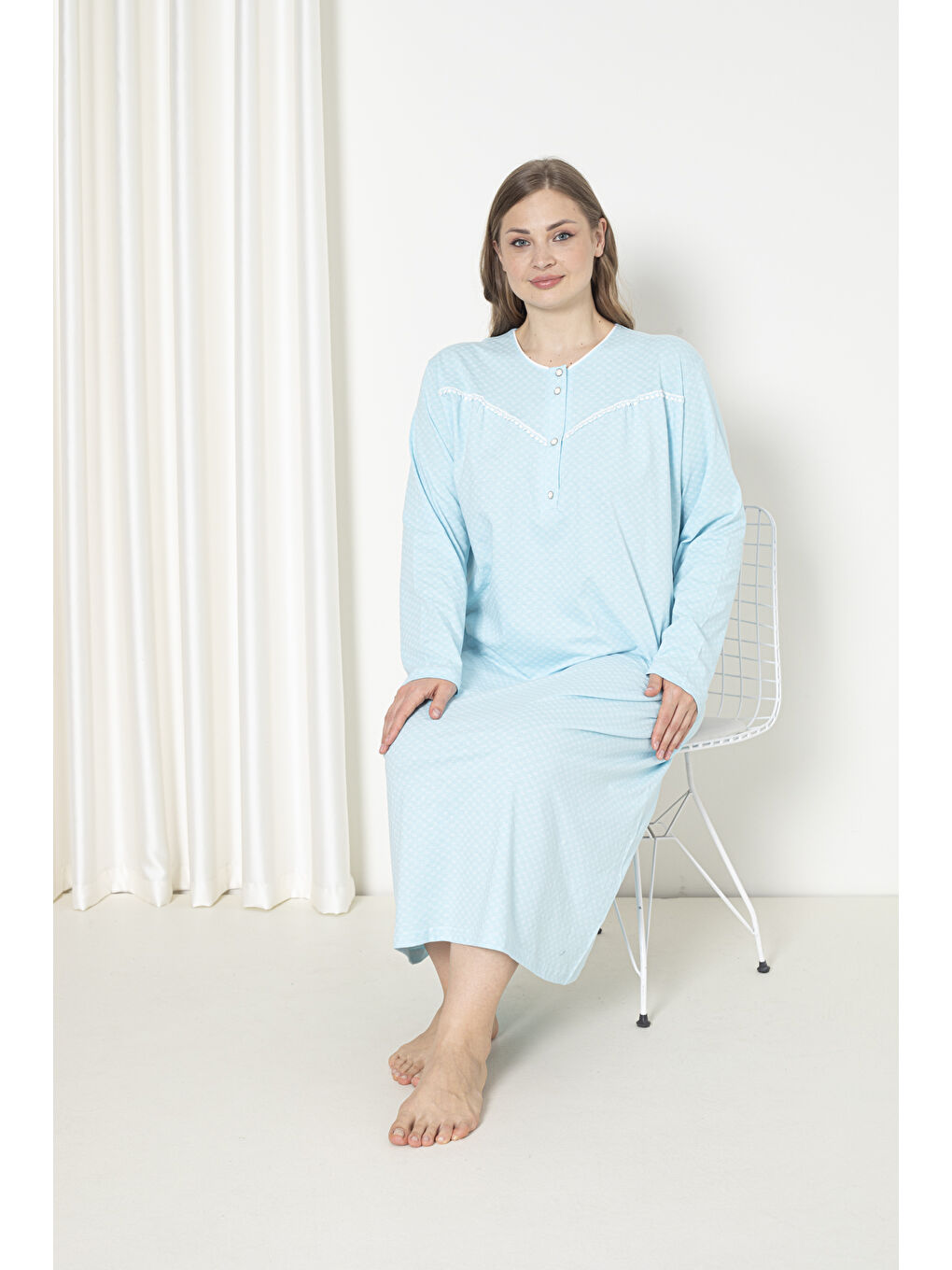 Yeşil %100 Pamuklu Penye Uzun Kol Büyük Beden Anne Geceliği 052-3