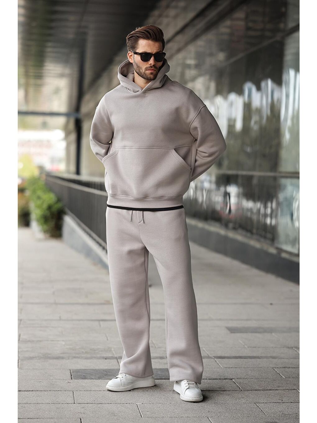 Boyalı Gri Kapüşonlu Kanguru Cep Erkek Eşofman Takımı E7338-2