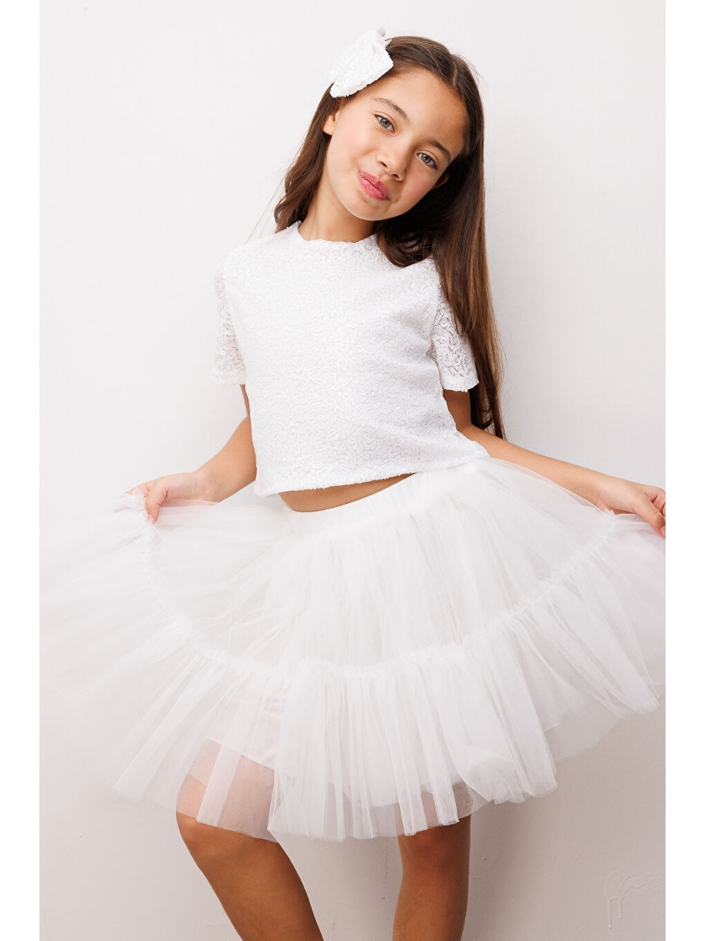 Beyaz Üzeri Pul Detaylı Tül Etekli İkili Takım - Freya-2